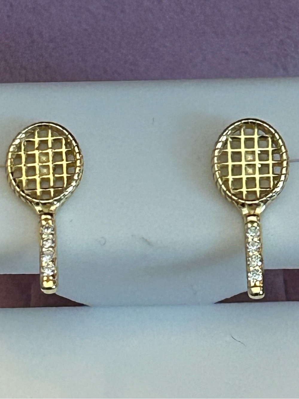 14KT Gold Over SSilver Tennis Racket Stud Earrings w/Round Moissanite Accents